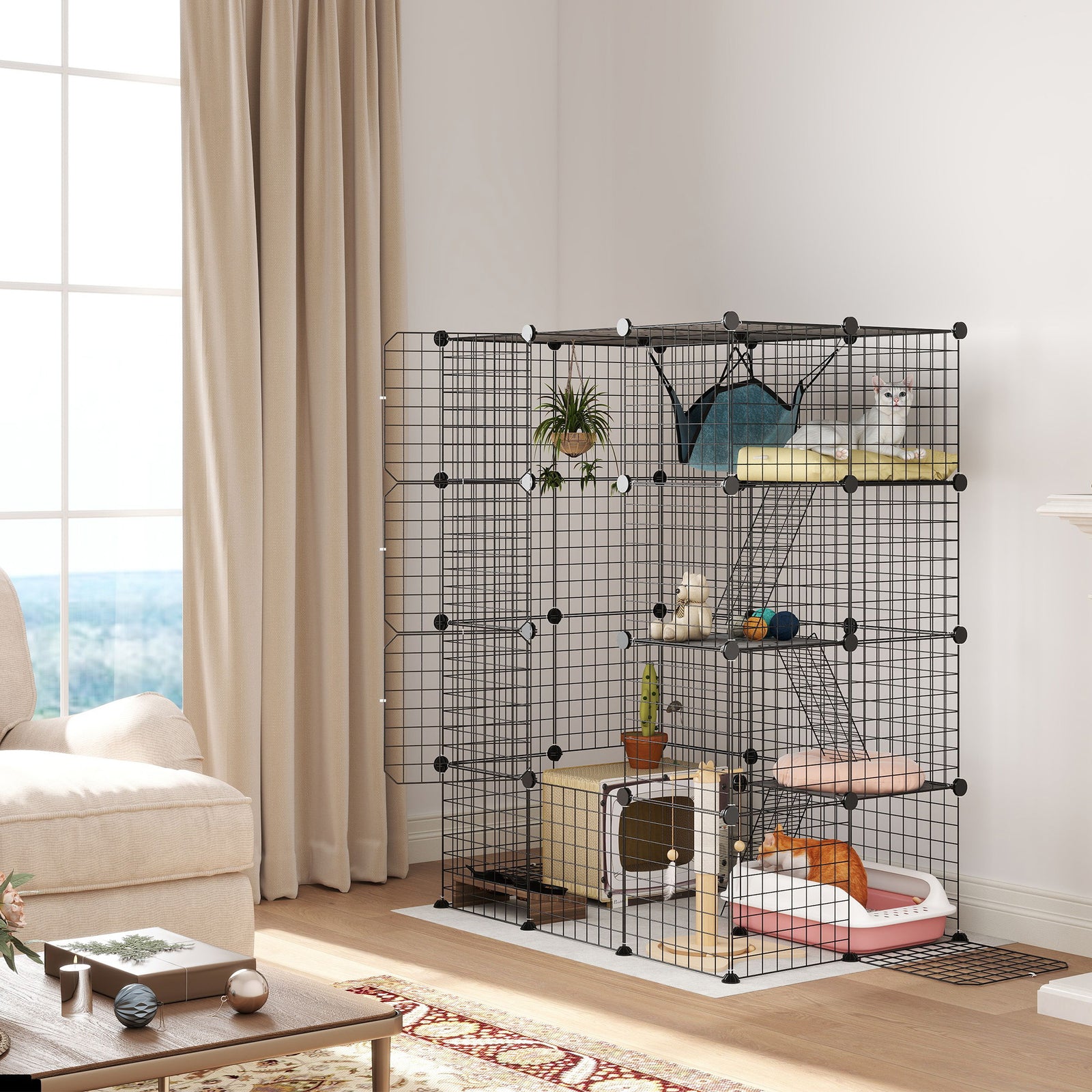 Four-Tier DIY Large Cat Cage with Hammock, Ramps, Five Doors, Indoor Use for 1-3 Cats, Black