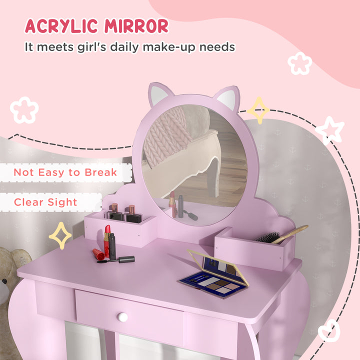 ZONEKIZ Children's Vanity Set with Mirror, Stool, Cat Theme, Drawer, Organiser Boxes for Ages 3-6, Pink | Aosom UK