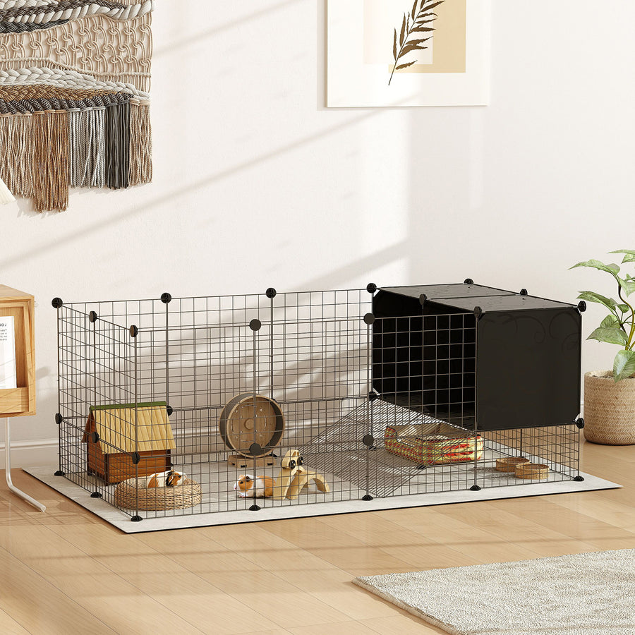 DIY Small Animal Cage with Elevated Huts, C&C Cage for Guinea Pigs, Hedgehogs, Rabbits, 31 Panels, Black
