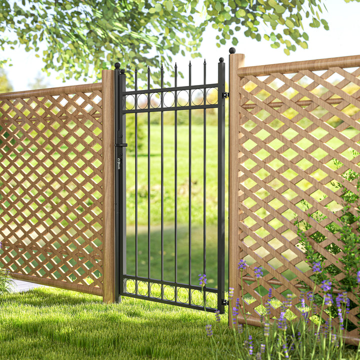 Galvanised Steel Garden Gate, Outdoor Fence Gate Security Barrier with Lock, Keys and Handle, Outdoor Entrance Way Door with Classic Finials, 105 x 204 cm, Black