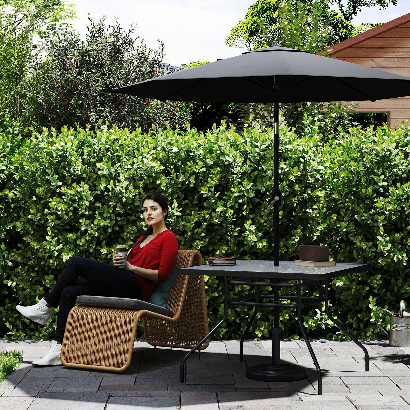 Square Garden Dining Table with Tempered Glass Top & Umbrella Hole, 100 x 100 cm