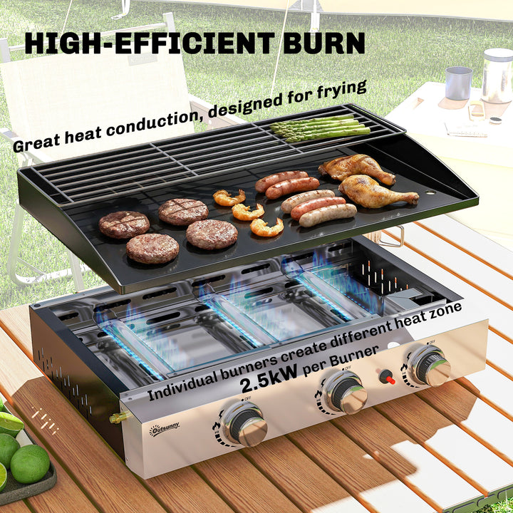 3 Burner Grill Griddle, Portable Gas Plancha with Warming Rack, 7.5 kW