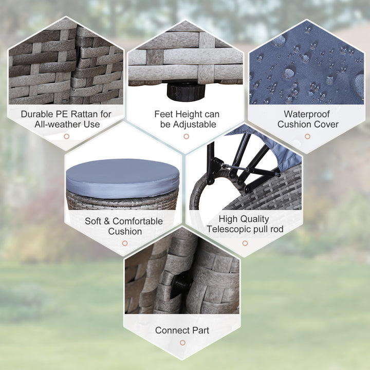 MCL Outdoor PE Rattan Garden Furniture with Cushioned, Patio Wicker Conversation Furniture Set, Round Daybed with Retractable Canopy, Coffee Table and Three Pillows, Grey/Blue Grey