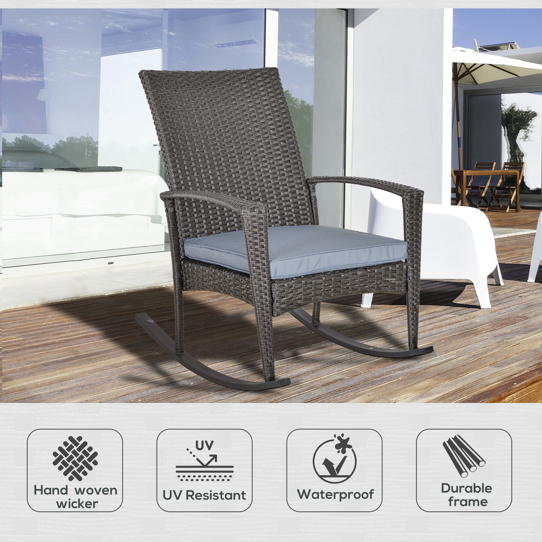 Outdoor PE Rattan Rocking Chair, Garden Rocking Chair Set with Armrest and Cushion, Grey