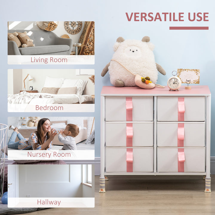 Chest of Drawers, Cloth Organizer Unit with 6 Fabric Drawers, Metal Frame and Wooden Top, Storage Cabinet for Kids Room, Living Room, Closet, Hallway, Pink