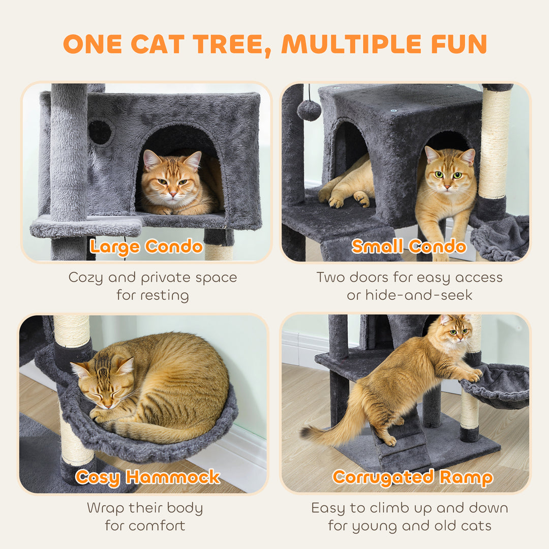 MCL 140cm Large Cat Tree Tower with Sisal Scratching Posts, Cat Houses, Plush Perches, Hammock, Ladder, Dark Grey