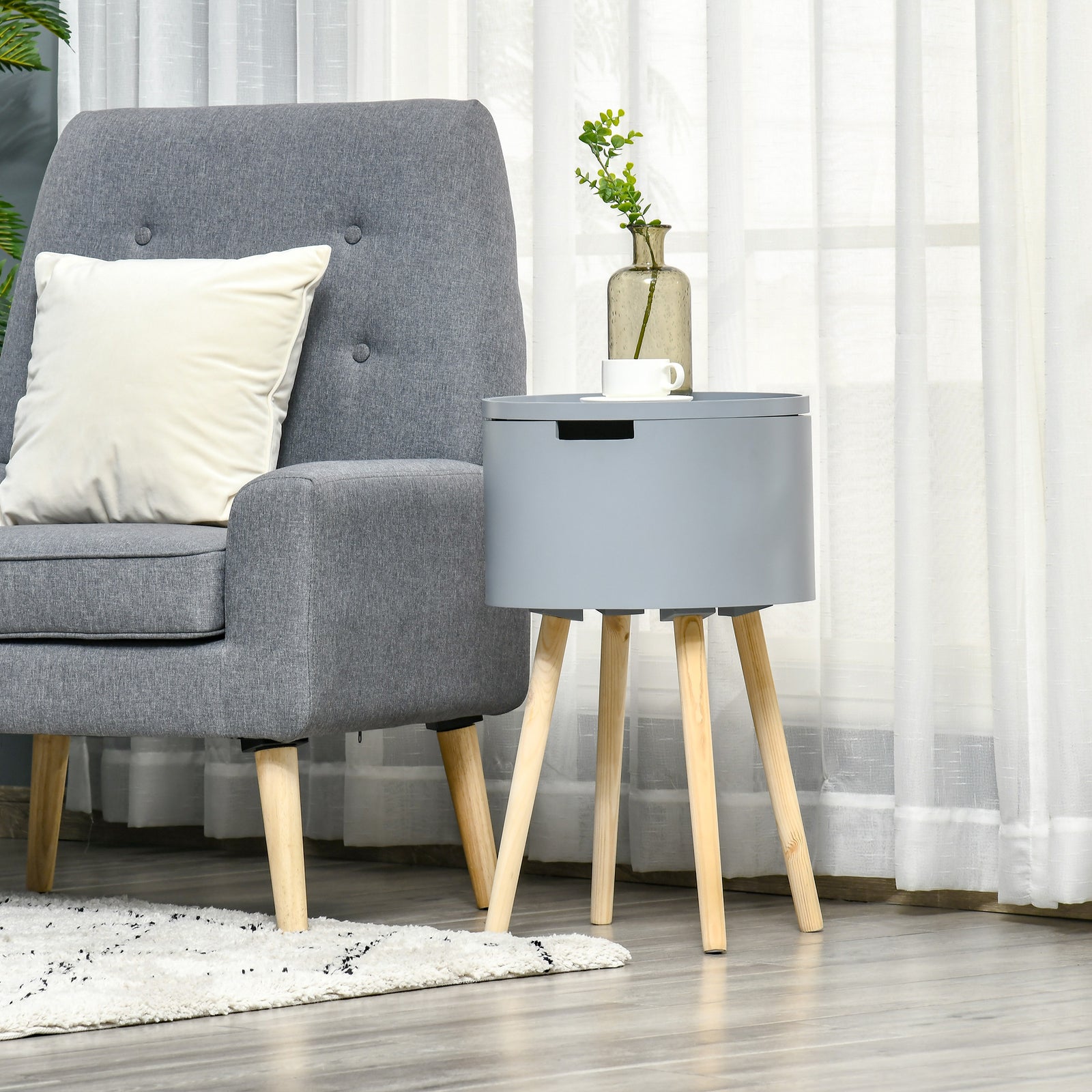Modern Side Table with Hidden Storage Space, Round Night Stand with Removable Tray Wood Frame End Coffee Table for Living Room, Grey