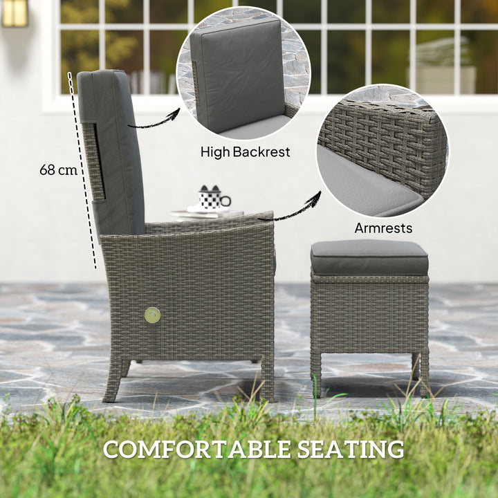 5 Piece Rattan Garden Furniture Set, Wicker Patio Sofa Set with 2 Armchairs, 2 Footstools, Glass Top Coffee Table with Shelf, Outdoor Furniture with Adjustable Backrests, Cushions, Dark Grey
