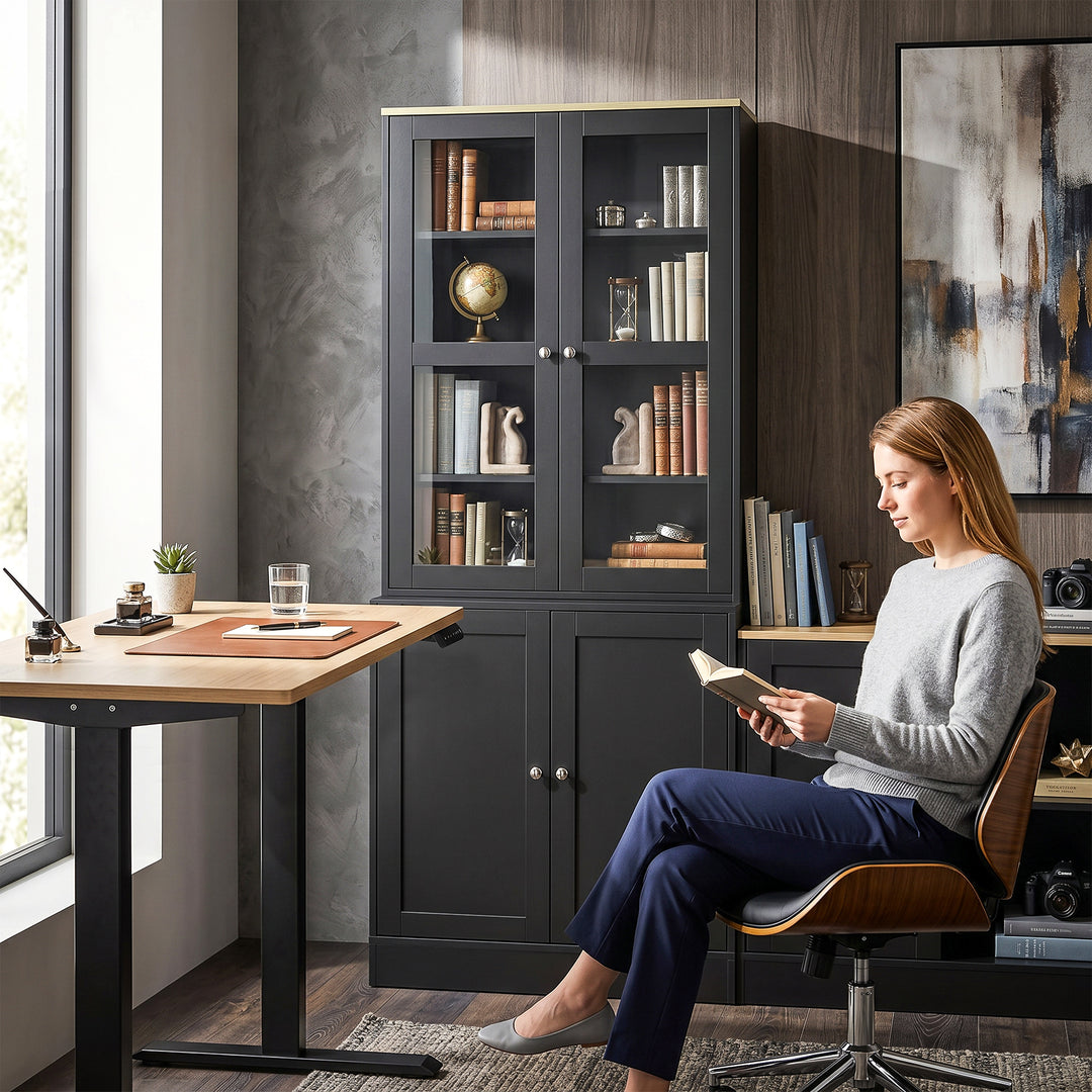 Modern Bookcase Display Storage Unit with Glass Doors Adjustable Shelv