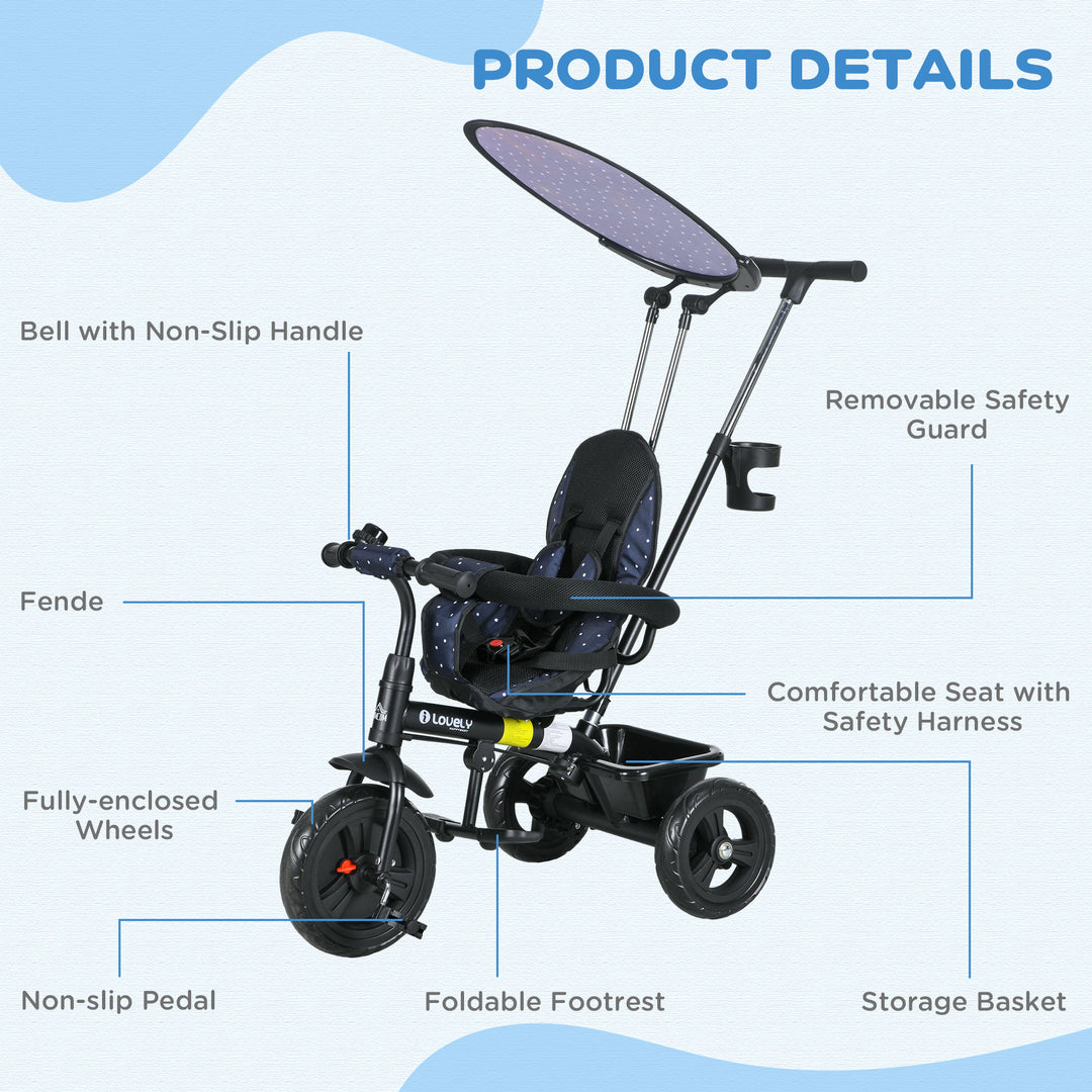 HOMCOM 6 in 1 Tricycle for Kids with 5-point harness straps, Removable Canopy, Dark Blue