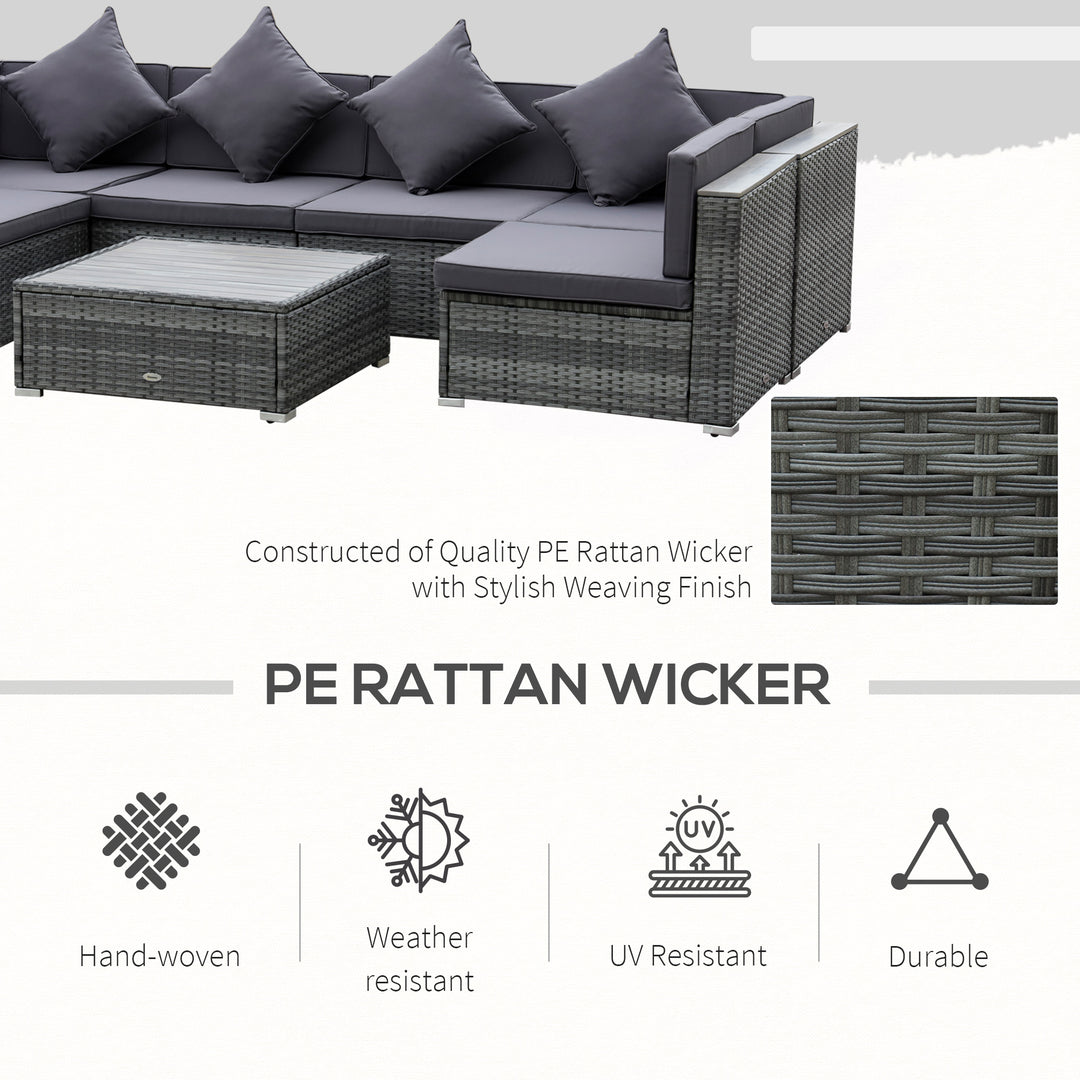 7 Pieces Patio Wicker Sofa Set, Outdoor PE Rattan Sectional Furniture Set w/ Acacia Table Top & Cushion for Garden, Backyard, Grey
