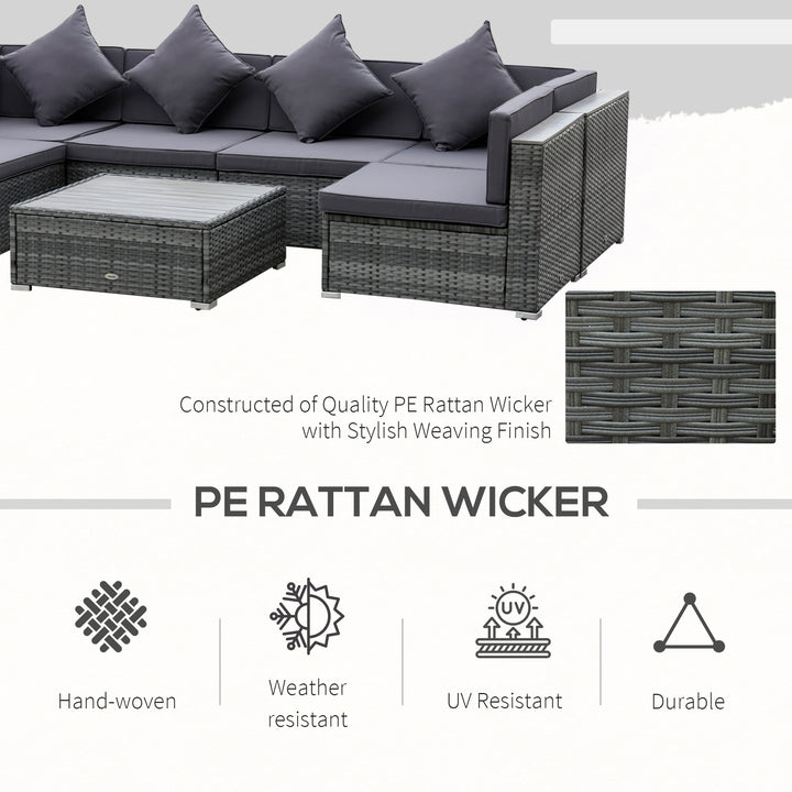 7 Pieces Patio Wicker Sofa Set, Outdoor PE Rattan Sectional Furniture Set w/ Acacia Table Top & Cushion for Garden, Backyard, Grey