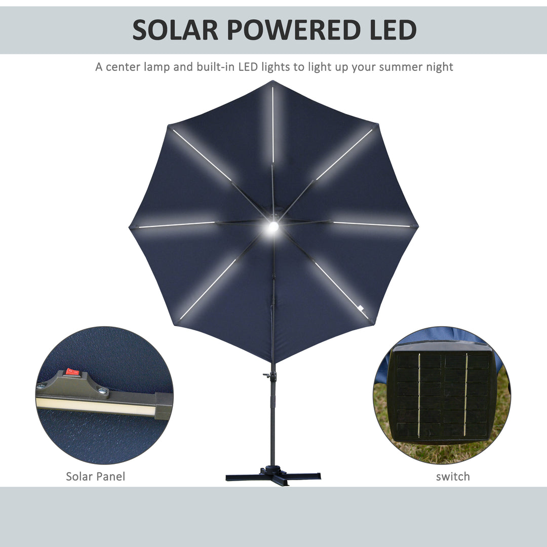 3(m) LED Cantilever Parasol Outdoor Sun Umbrella w/ Base Solar Lights Blue