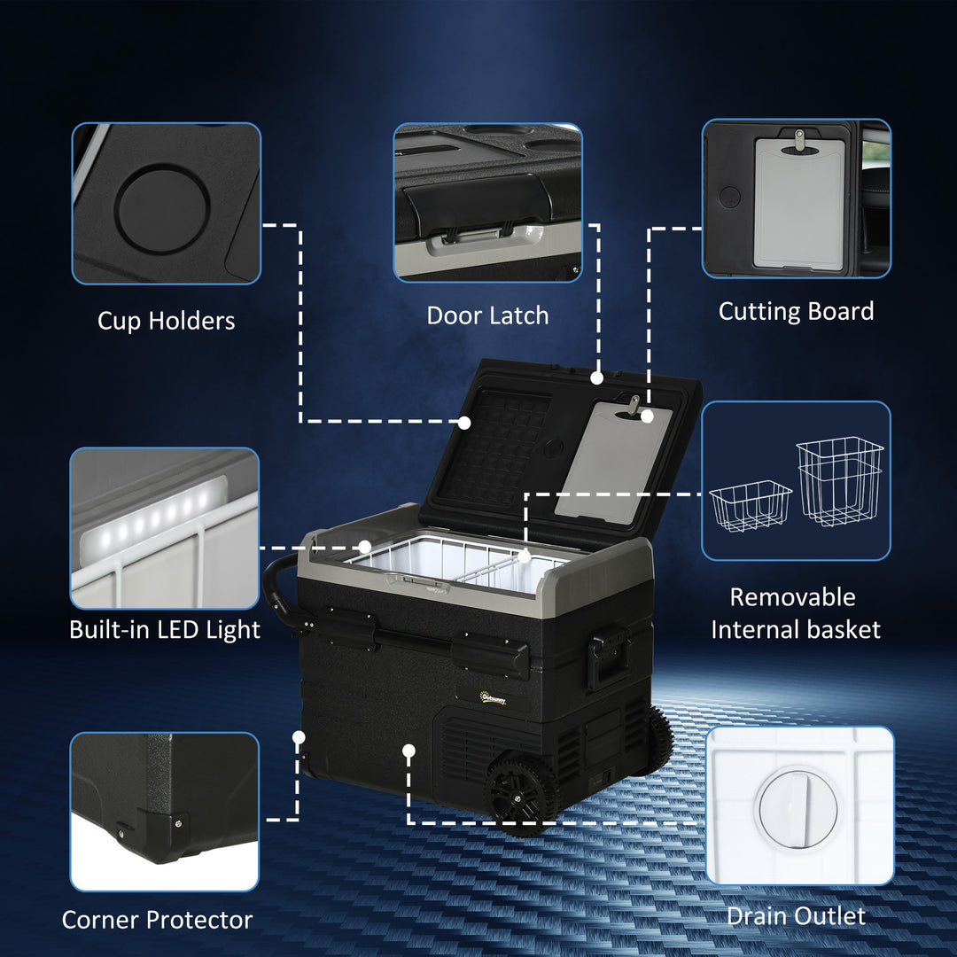 50L Car Refrigerator, Portable Compressor Cooler Box, Fridge Freezer w/ Inner LED Light, Foldable Handles, Cup Holders, 12/24V DC and 110-240V AC for Campervan RV Boat Travel Down to -20℃