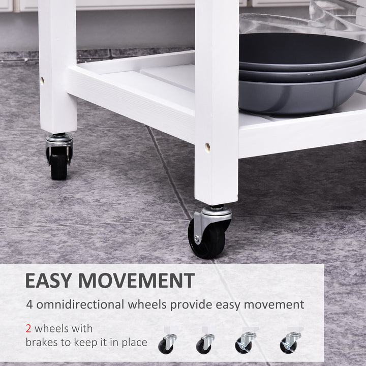 Kitchen Storage Trolley Cart Rolling Wheels Shelves Cupboard W/ Drawer And Towel Rail Rubber Wood Worktop White