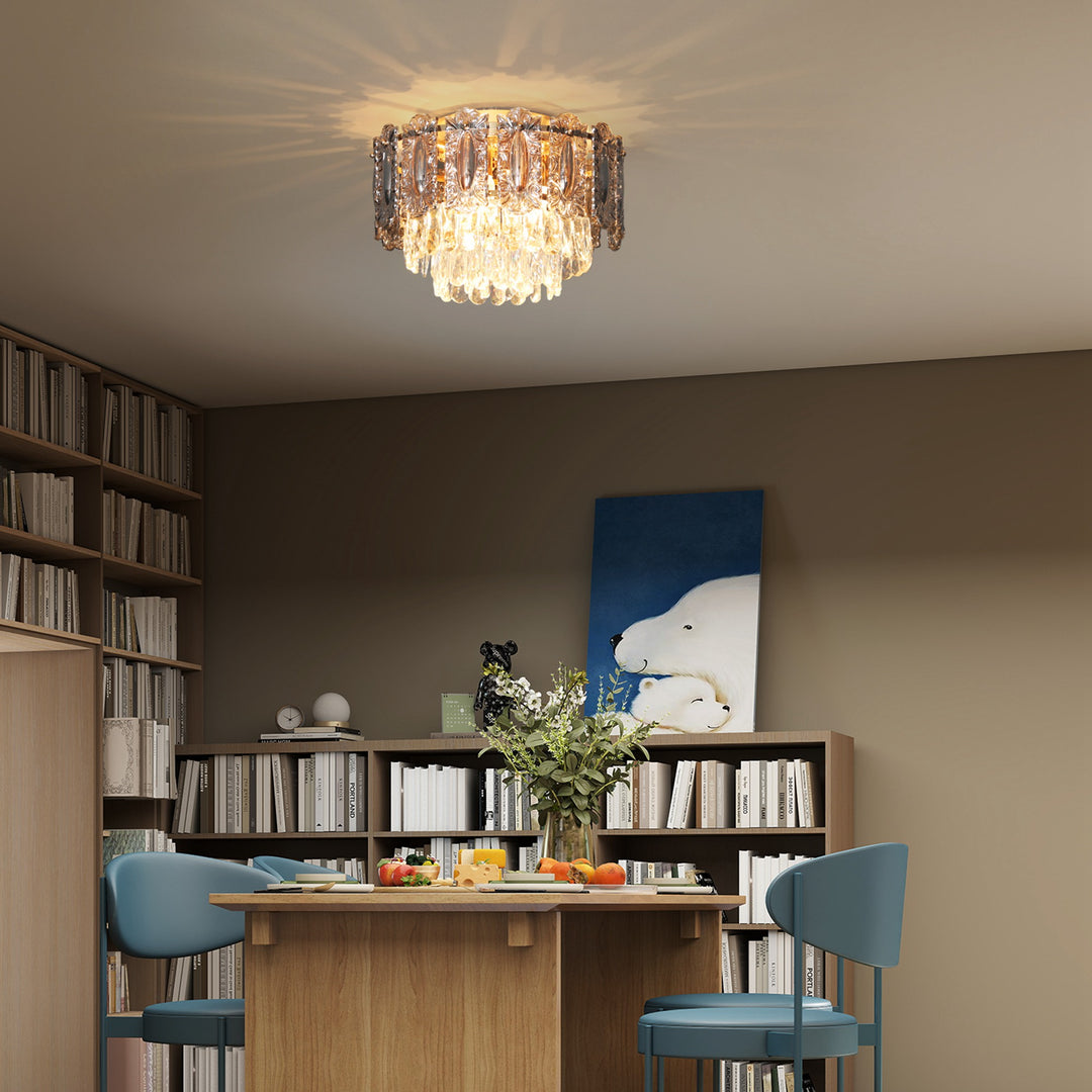 MCL Chandelier Ceiling Light, 3-Light Vintage Flush Mount Fixture with Dual Crystal and Smoke Glass Shade, LED Ceiling Light for Living Room Bedroom, 3 E27 Sockets, Bulbs Not Included, Gold Tone