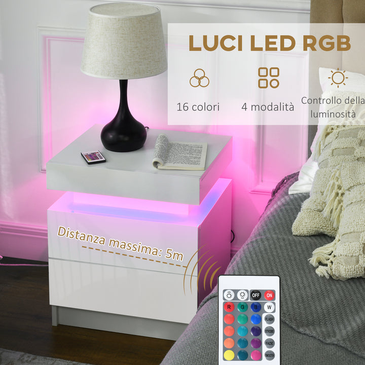 Set of 2 White Bedside Tables with LED Lights, High Gloss Front Nightstands with 4 Drawers