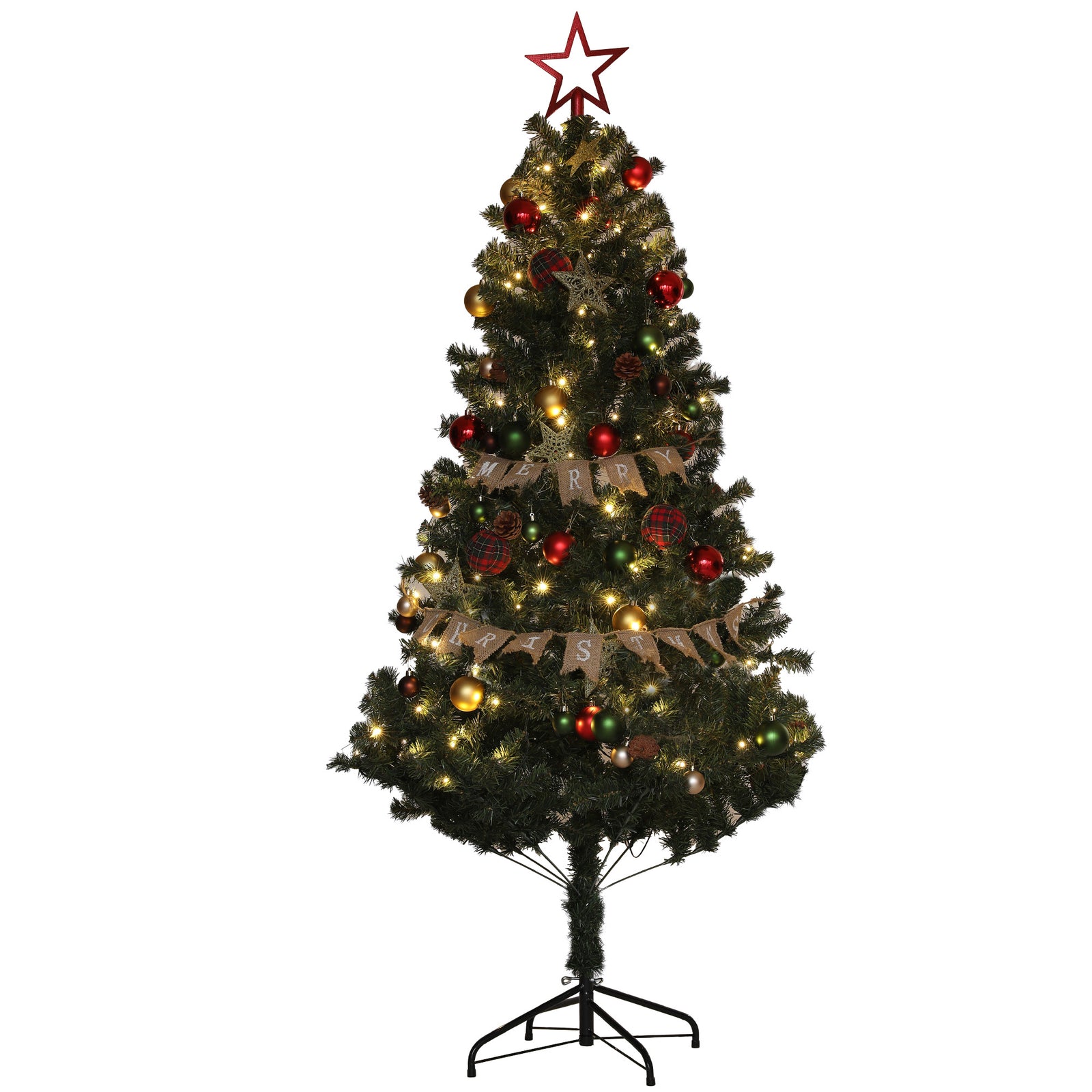 6ft Pre-Lit Xmas Tree with Decorations, Green, Red and Warm White