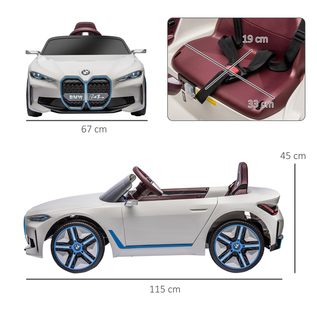 BMW i4 Licensed 12V Kids Electric Ride-On Car, White, Red and Light Blue