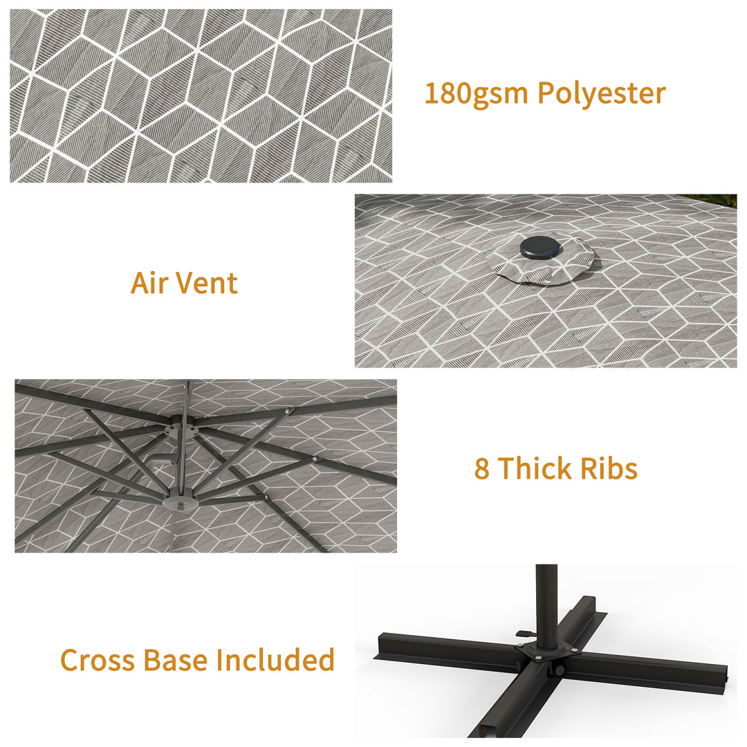 3(m) Convertible Cantilever Parasol and Centre-post Garden Parasol with Cross Base, 360° Rotation Banana Parasol with Crank Handle and 8 Ribs, Hanging Patio Umbrella, Black and White