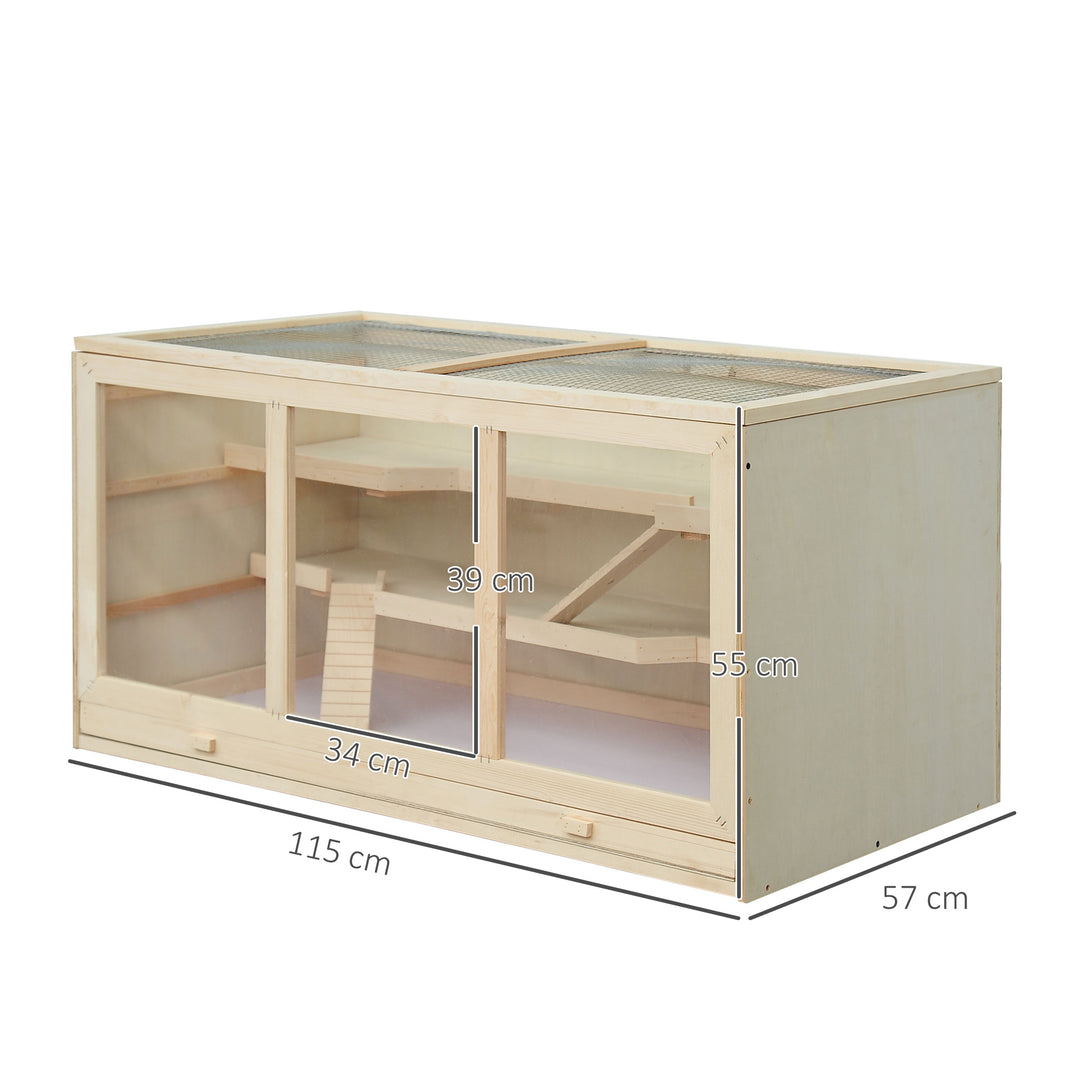 Wooden Hamster Cage, Small Animals Hutch with Tray, Openable Top, Exercise Play House Pen, 115L x 57W x 55Hcm, Natural