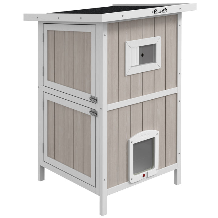 PawHut Outdoor 2 Tiers Wooden Cat Shelter w/ Removable Bottom, Escape Doors, Asphalt Roof, for 1-2 Cats - Light Grey | Aosom UK