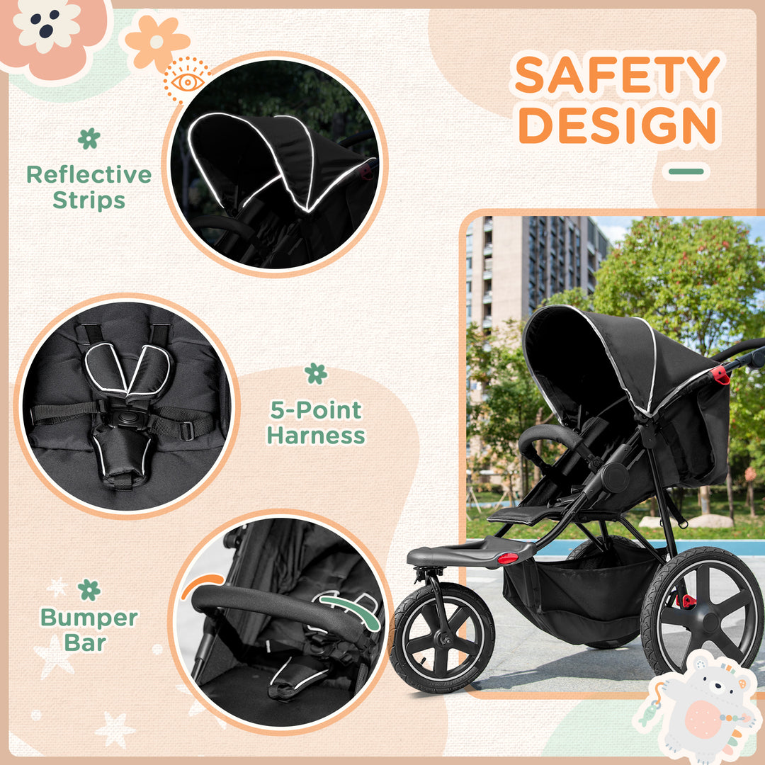 HOMCOM Three Wheeler Pushchair, Lightweight Foldable Running Baby Stroller with Fully Reclining, Adjustable Handlebar Backrest, Sun Canopy Black