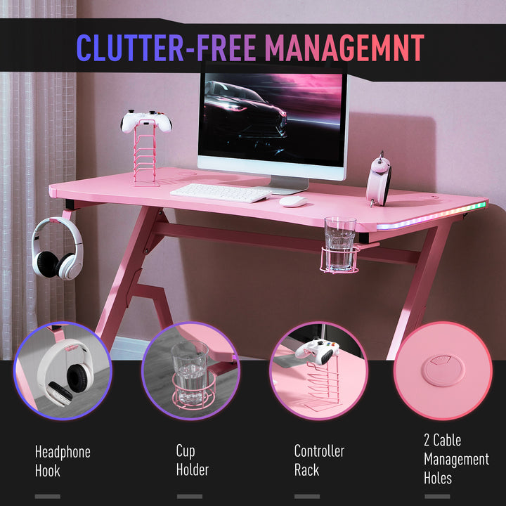RGB 120 x 66cm Gaming Desk, Computer Table with Carbon Fibre Surface, Headphone Hook, Cup Holder, Controller Rack, Home Office Desk, Pink