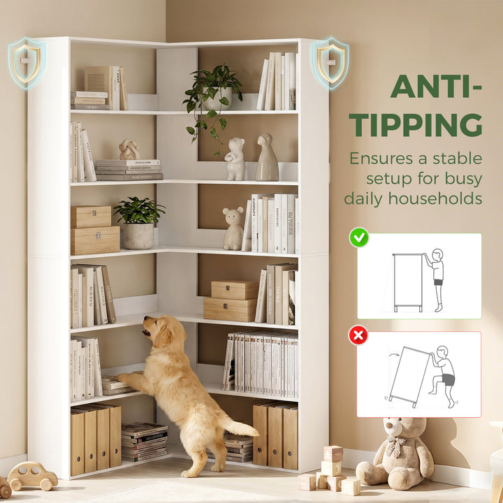 7 Tiers Bookshelf, L-Shaped Corner Bookcase with Anti-Slip Rear Guard,