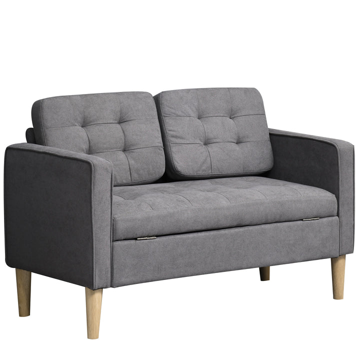 Modern 2 Seater Sofa with Hidden Storage, 117cm Tufted Cotton Couch with Wood Legs, Compact Loveseat for Living Room, Kitchen, Grey