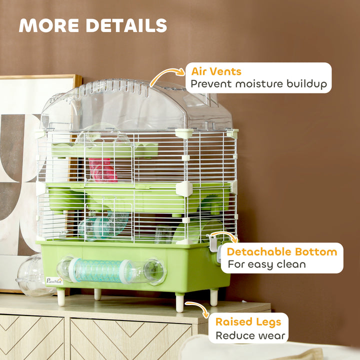 3-Tier Hamster Cage with Transparent Top, Sand Bathroom, Exercise Wheel, Hideout Room, Tubes, 45 x 28 x 60 cm, Green