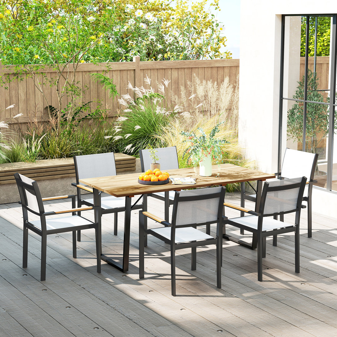 6 Seater Wooden Garden Dining Table, 175 x 80 cm Rectangular Outdoor Dining Table with 5cm Parasol Hole and Slatted Top, Weather Resistant for Patio, Terrace, Brown