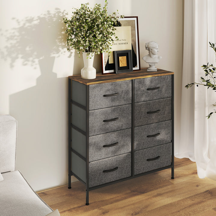 Fabric Chest of Drawers, Industrial Bedroom Dresser with 8 Fabric Drawers, Steel Frame and Wooden Top for Nursery, Living Room, Hallway, Rustic Brown and Grey