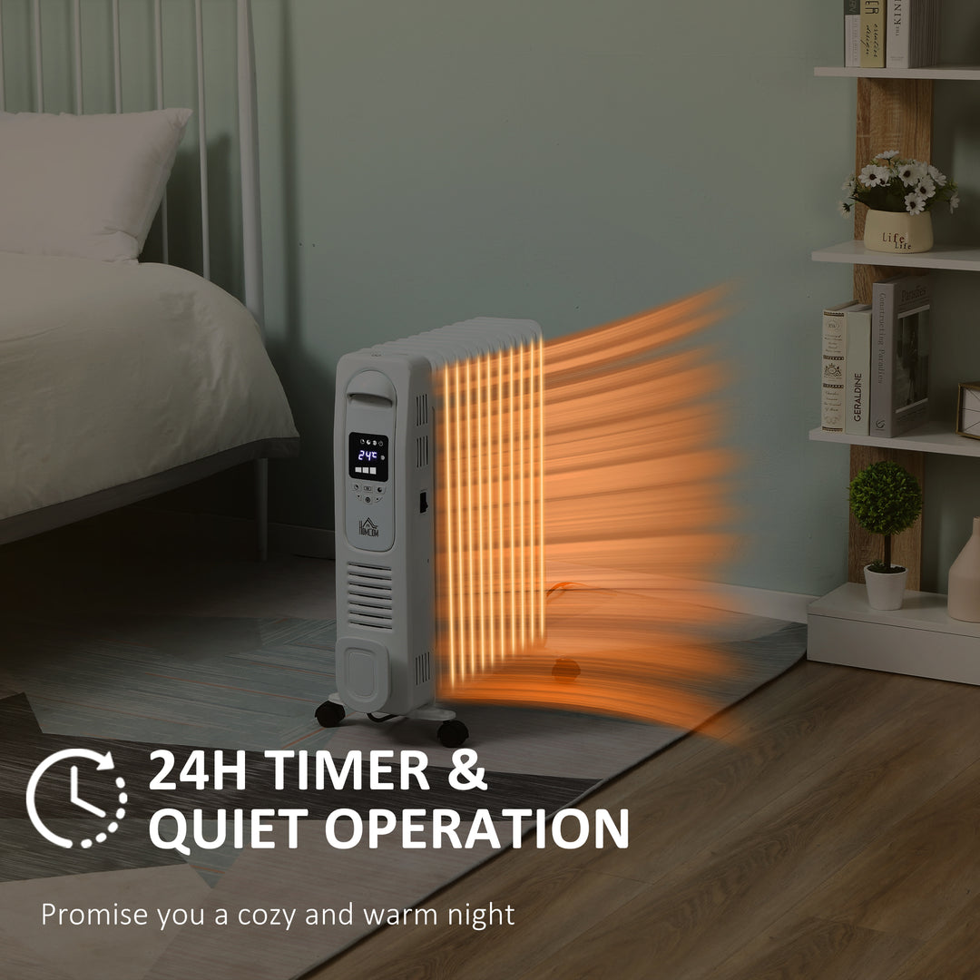 2500W Digital Display Oil Filled Radiator, 11 Fin Portable Electric Heater with Timer, Adjustable Thermostat, Three Heat Settings, Safety Cut Off, Remote, White
