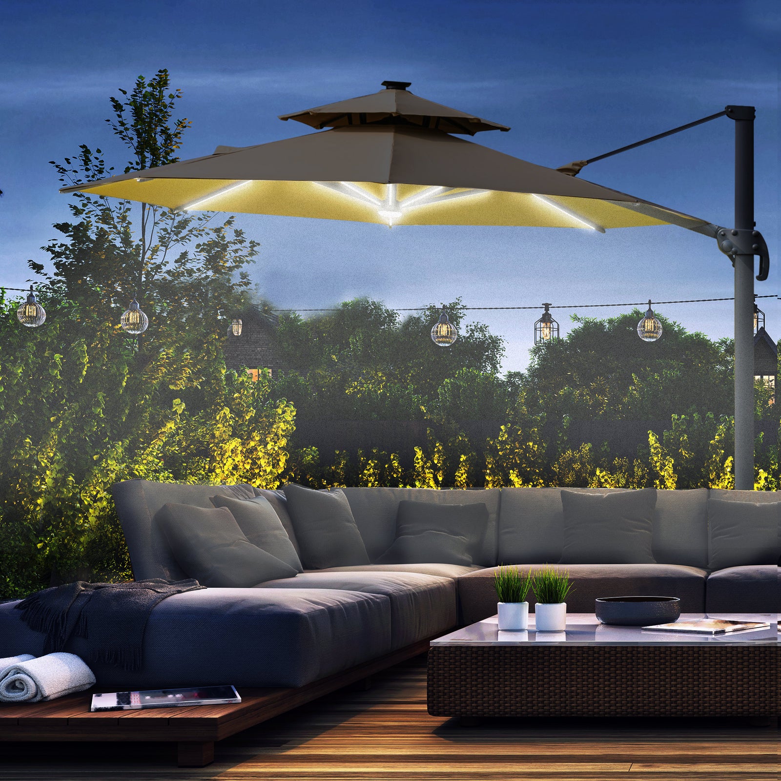 3m Cantilever Parasol w/ Solar Lights Power Bank Base 360° Spin Khaki