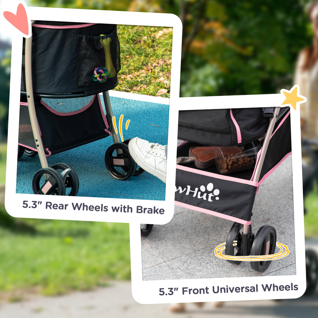 PawHut 3-In-1 Detachable Pet Stroller, Dog Cat Travel Carriage with Foldable Carrying Bag, Universal Wheel Brake, Canopy, Basket, Pink | Aosom UK