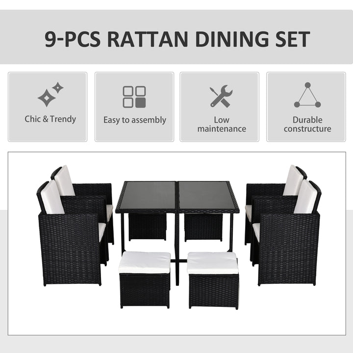 Outsunny 9PC Garden Rattan Dining Set Outdoor Patio Dining Table Set Weave Wicker 8 Seater Stool Black