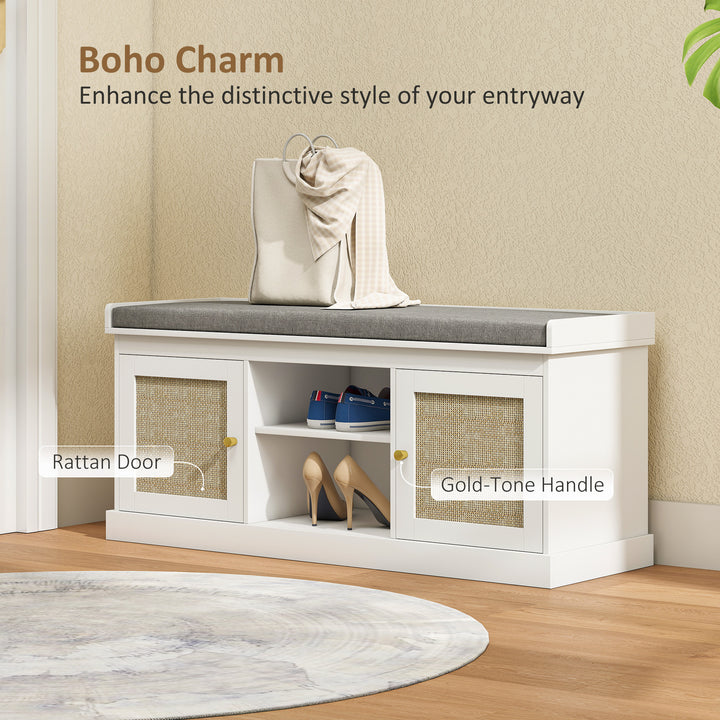 HOMCOM Boho Shoe Storage Bench with Padded Cushion and Rattan Doors - White