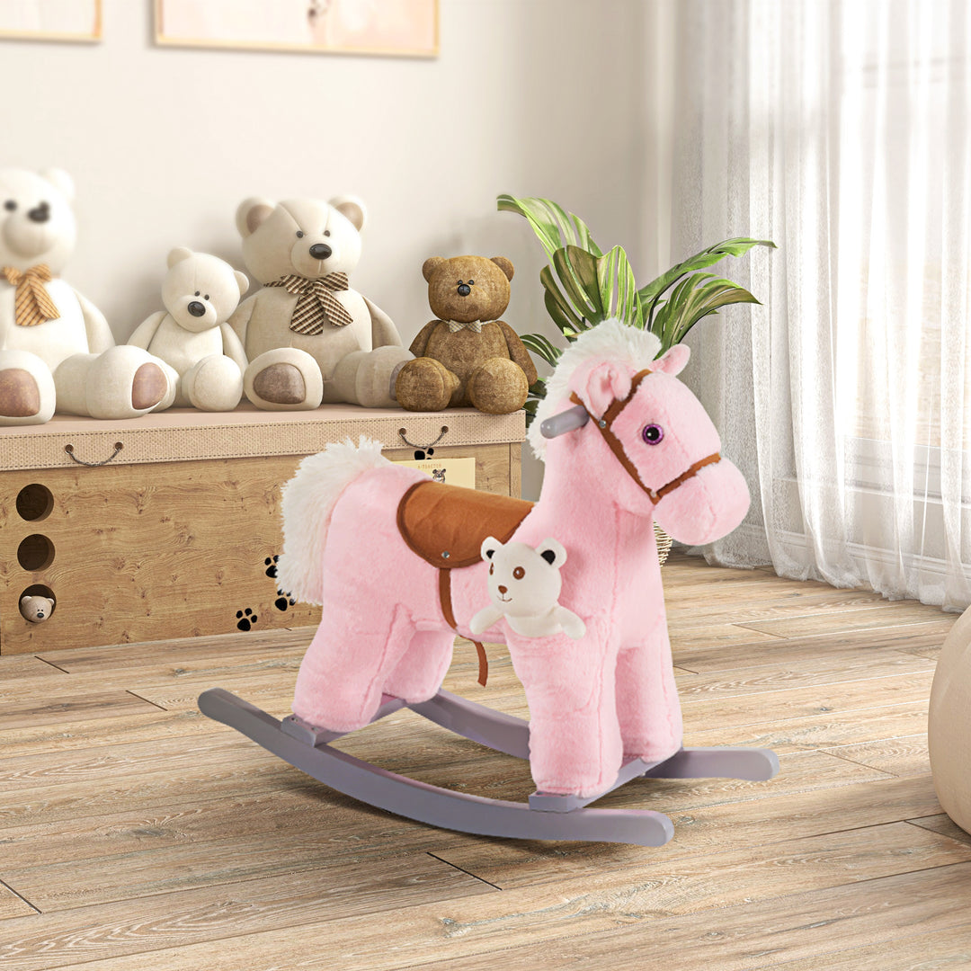 MCL Kids Plush Ride-On Rocking Horse Toy Rocker with Plush Toy Realistic Sounds for Child 18-36 Months Pink