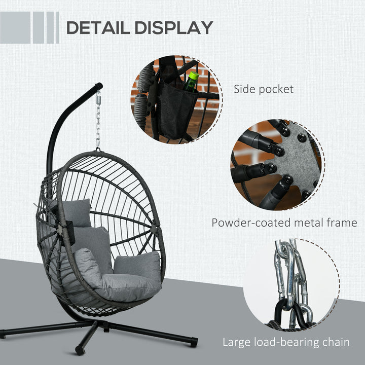 Outsunny Outdoor Swing Chair with Thick Padded Cushion, Patio Hanging Chair with Metal Stand, Foldable Basket, Cup Holder, Rope Structure