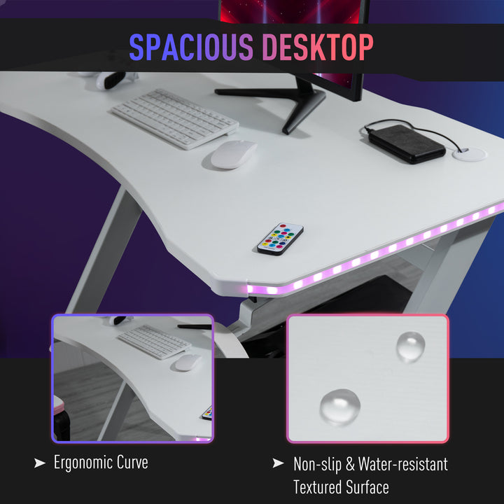 RGB 120 x 66cm Gaming Desk, Computer Table with Carbon Fibre Surface, Headphone Hook, Cup Holder, Controller Rack, Home Office Desk, White