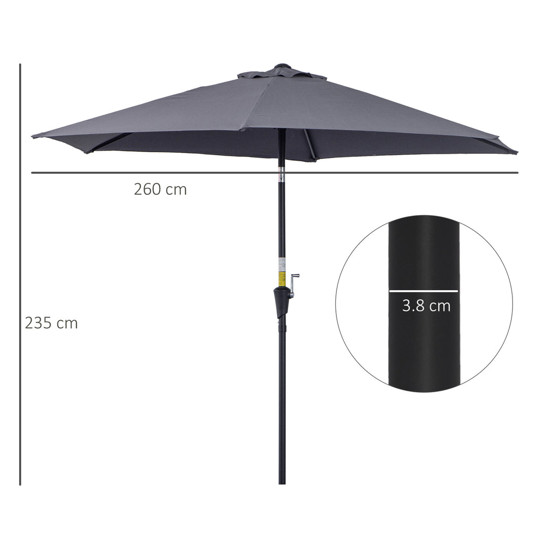 2.6M Garden Parasol Umbrella with Tilt and Crank, Outdoor Sun Parasol Sunshade Shelter with Aluminium Frame, Grey