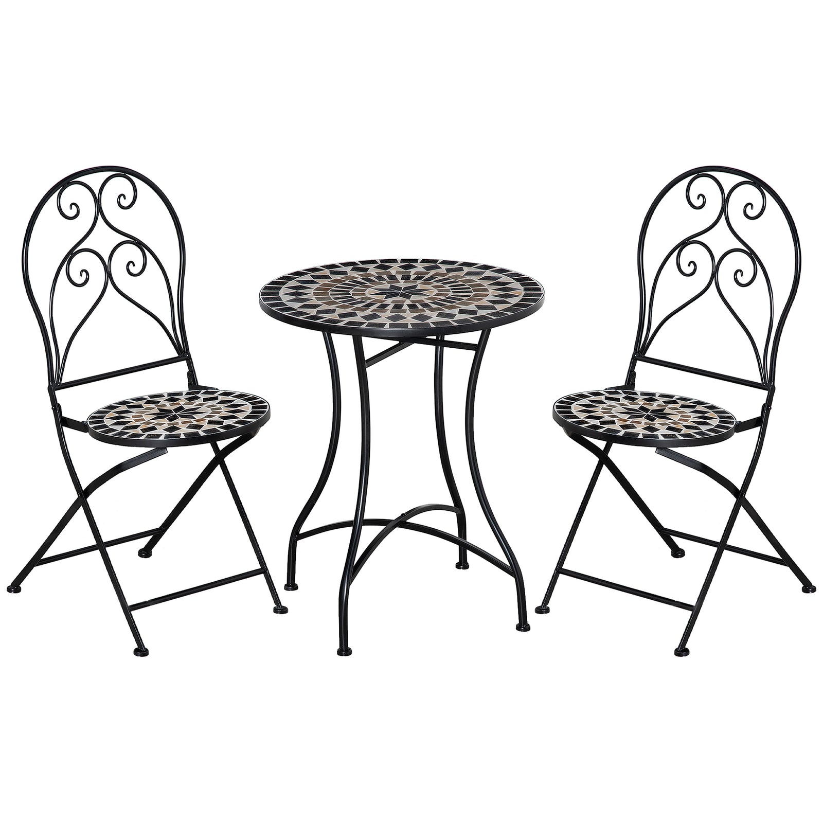 3 Pieces Garden Bistro Set with Coffee Table and 2 Folding Single Chairs, Mosaic Garden Table Top and Seats, Metal Frame, for Patio Balcony, Black