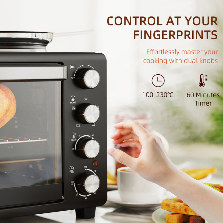 28L Mini Oven with 2 Hot Plates, Countertop Toaster Oven, Grill, Roast, Bake, Boil, with Timer, Adjustable Temperature, Electric Oven with Baking Tray, Grill Rack, Crumb Tray, 2600W, Black