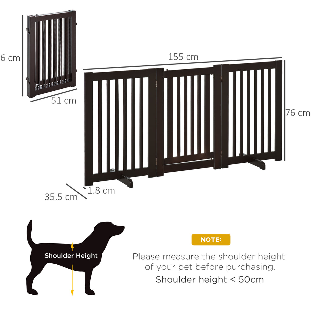 PawHut Pet Gate Freestanding Dog Gate For Stairs Wood Doorway Safety Pet Barrier Fence Foldable w/ Latch Feet Deep Brown, 155 x 76 cm | Aosom UK