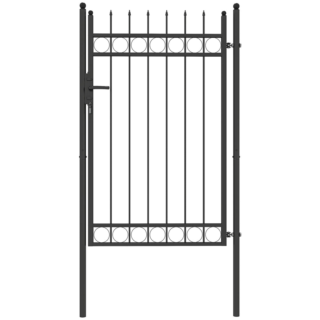 Galvanised Steel Garden Gate, Outdoor Fence Gate Security Barrier with Lock, Keys and Handle, Outdoor Entrance Way Door with Classic Finials, 105 x 204 cm, Black