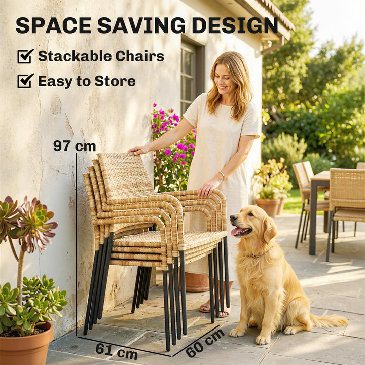 4 Seater Rattan Dining Set with Parasol, 6 Piece Garden Table and Stac