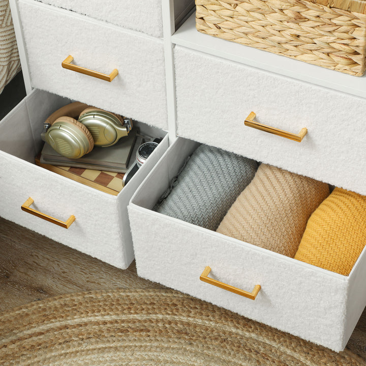 Boucle Chest of Drawers, 8 Fabric Drawers Storage Organiser with Charging Station, 2 USB and 2 AC Ports, Steel Frame, Fabric Dresser for Living Room, Bedroom, Hallway, Cream White