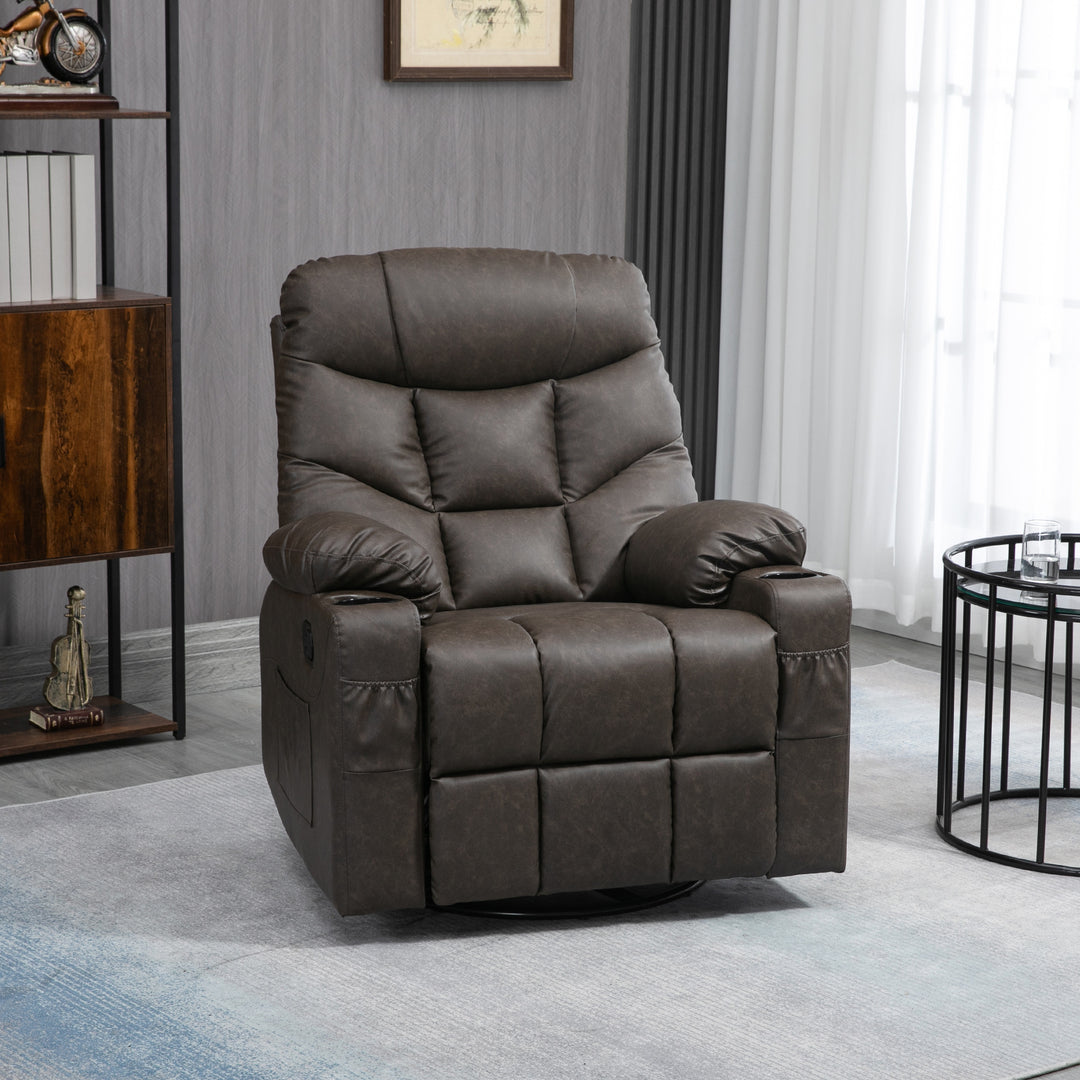 HOMCOM Manual Reclining Chair, Recliner Armchair with Faux Leather, Footrest, Cup Holders, 86x93x102cm, Brown | Aosom UK