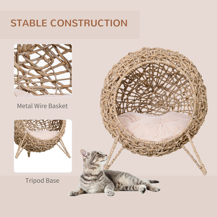 Wicker Cat Bed, Ball-Shaped Rattan Elevated Cat Basket with Three Tripod Legs, Cushion - Natural Wood Finish